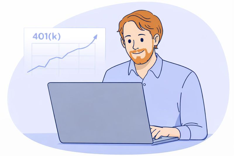 image of man with blond hair and beard looking at his 401k account on his computer
