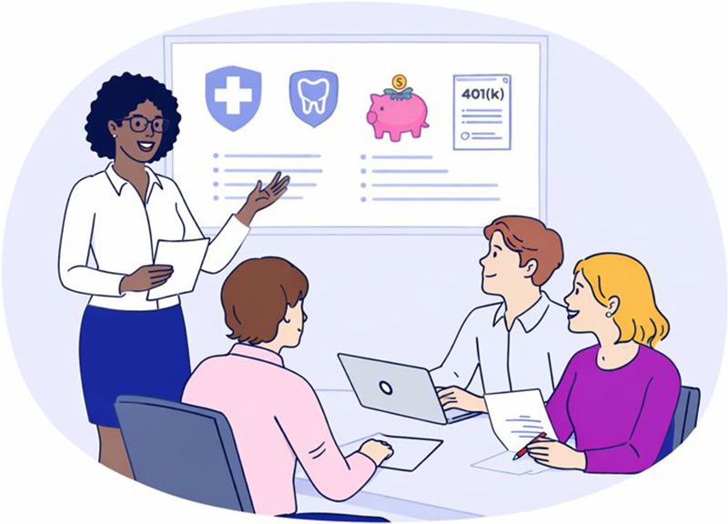 draw figures of 4 co workers in a conference room reviewing benefits